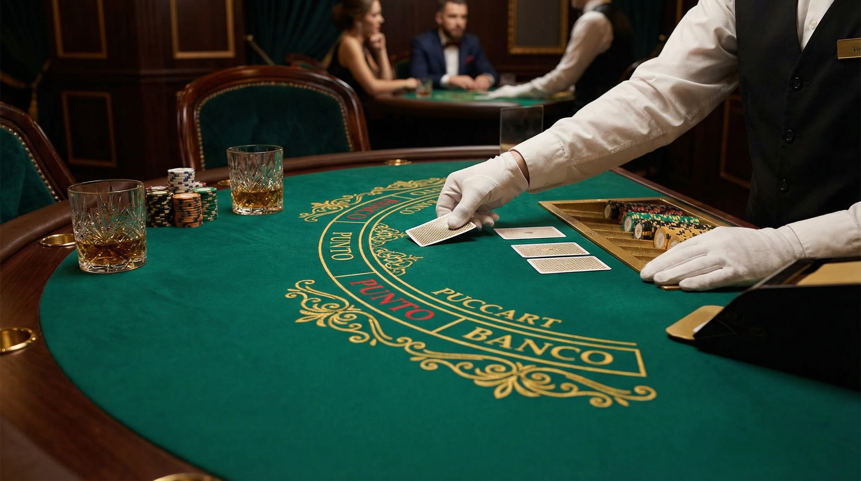 Mesa de bacará VIP con cartas y fichas doradas en Betcris Apuestas