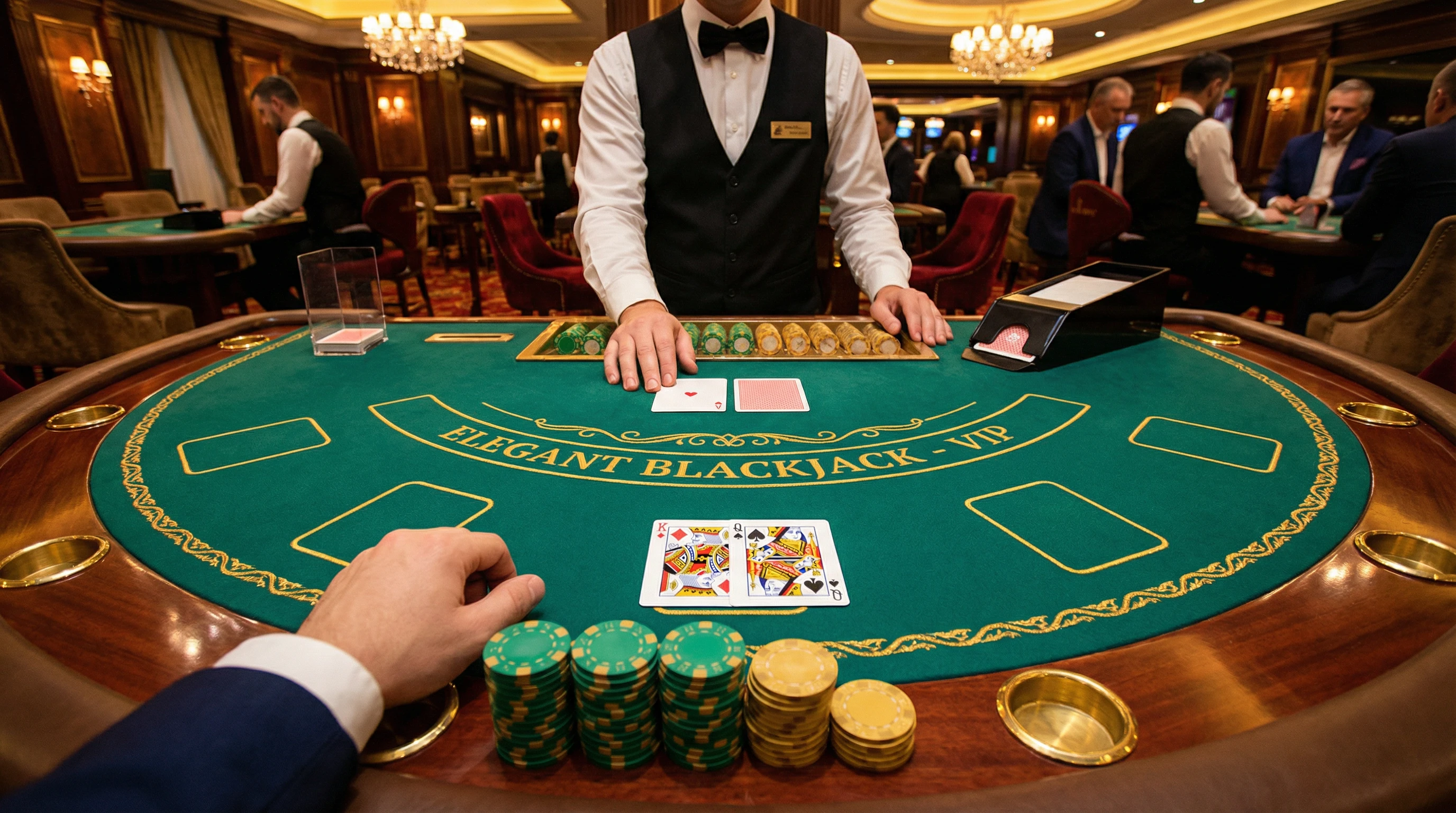 Mesa de blackjack VIP con cartas y fichas en Betcris Apuestas